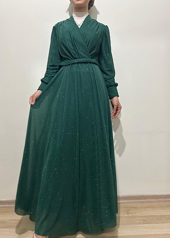 Parlak Yeşil Uzun V Yaka Kadın Elbise manken boyu 1.65 kilo 55 - Görsel 11