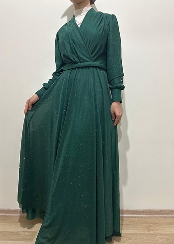 Parlak Yeşil Uzun V Yaka Kadın Elbise manken boyu 1.65 kilo 55 - Görsel 6