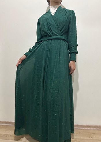 Parlak Yeşil Uzun V Yaka Kadın Elbise manken boyu 1.65 kilo 55 - Görsel 2