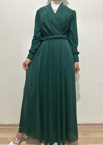 Parlak Yeşil Uzun V Yaka Kadın Elbise manken boyu 1.65 kilo 55 - Görsel 10