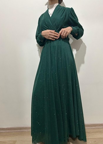 Parlak Yeşil Uzun V Yaka Kadın Elbise manken boyu 1.65 kilo 55 - Görsel 8