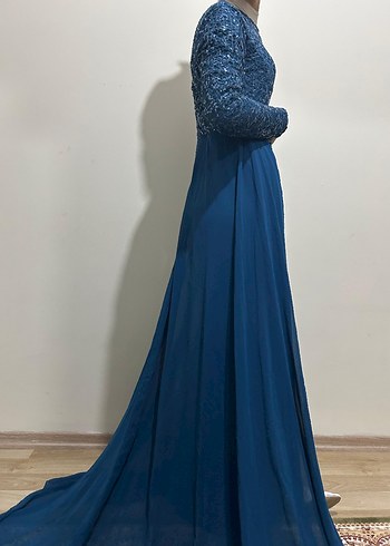 Mavi Uzun Kollu Drapeli Abiye Elbise manken boyu 1.65 kilo 55 - Görsel 7