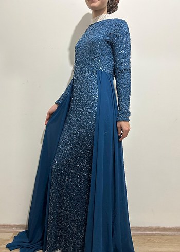 Mavi Uzun Kollu Drapeli Abiye Elbise manken boyu 1.65 kilo 55 - Görsel 5