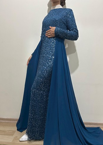 Mavi Uzun Kollu Drapeli Abiye Elbise manken boyu 1.65 kilo 55 - Görsel 2