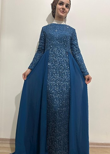Mavi Uzun Kollu Drapeli Abiye Elbise manken boyu 1.65 kilo 55 - Görsel 3