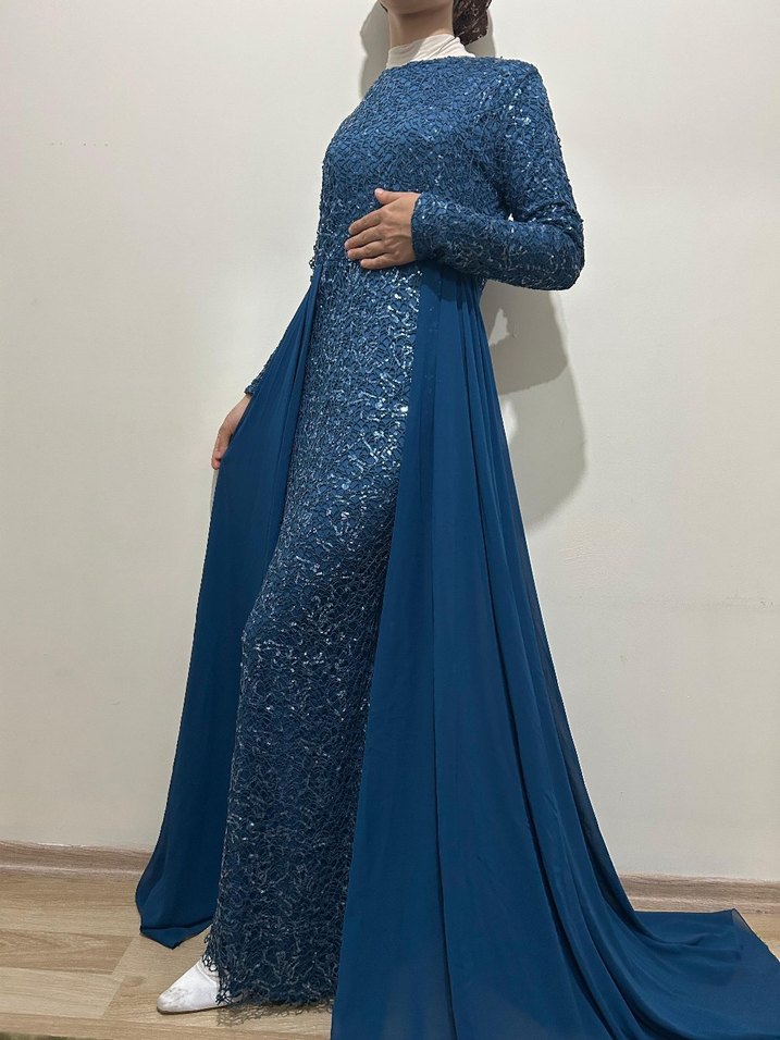 Mavi Uzun Kollu Drapeli Abiye Elbise manken boyu 1.65 kilo 55 - Görsel 2