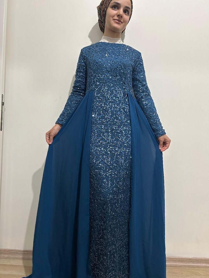 Mavi Uzun Kollu Drapeli Abiye Elbise manken boyu 1.65 kilo 55 - Görsel 3