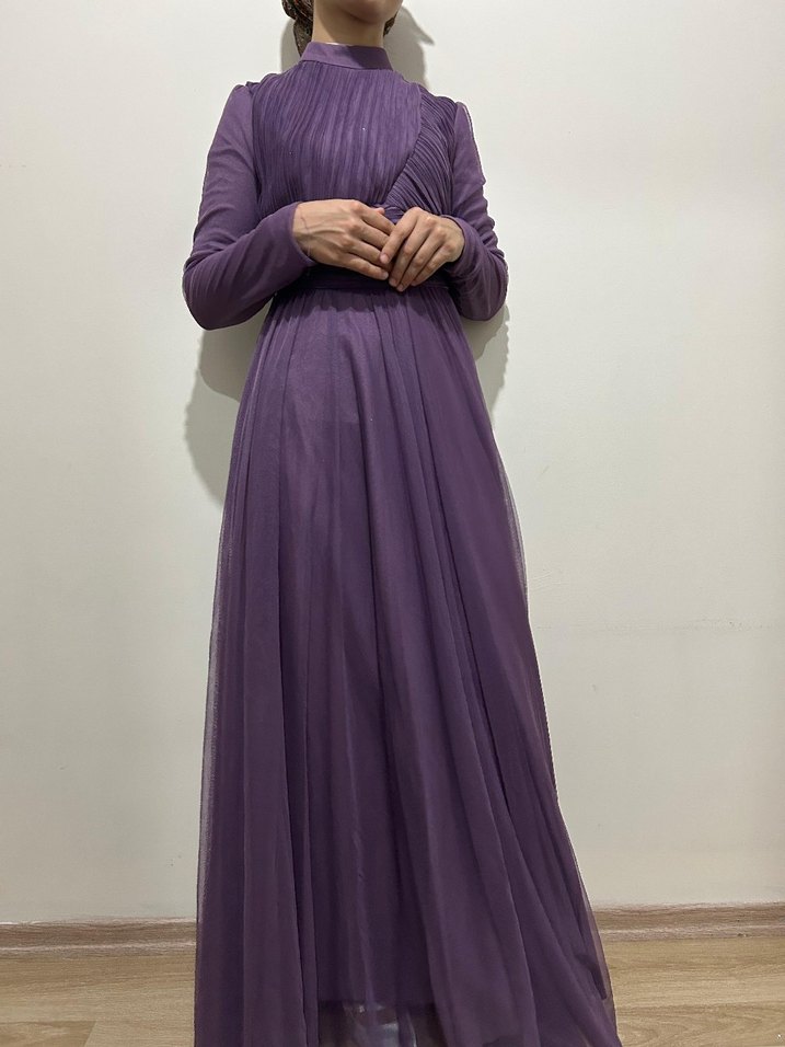 Mor Drapeli Uzun Abiye Elbise - Görsel 4