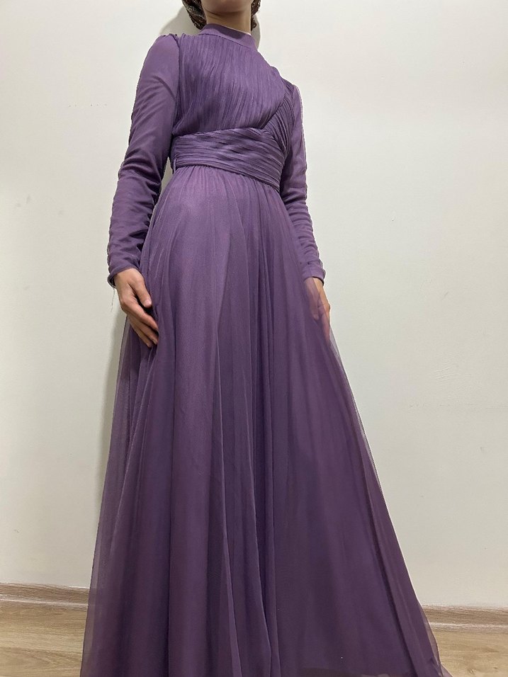 Mor Drapeli Uzun Abiye Elbise - Görsel 5