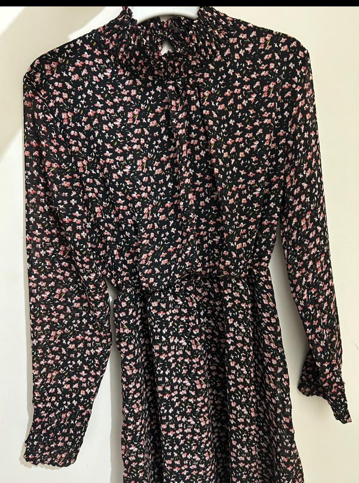 Uzun Kollu Pembe Çiçekli Bohem Elbise - Görsel 3