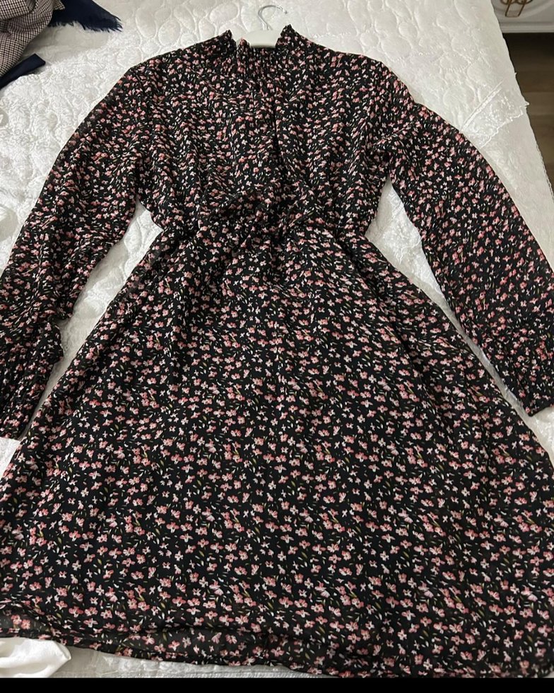 Uzun Kollu Pembe Çiçekli Bohem Elbise - Görsel 4