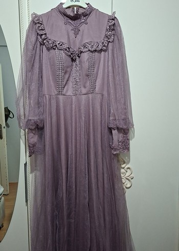 Uzun Kollu Vintage Mor Kadın Abiye Elbise