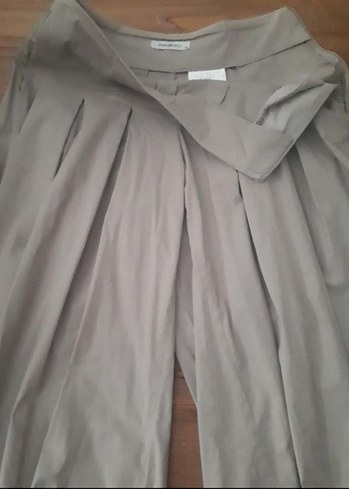 34 Beden Bej Pilili Midi Keten Etek pantolon vizon rengi