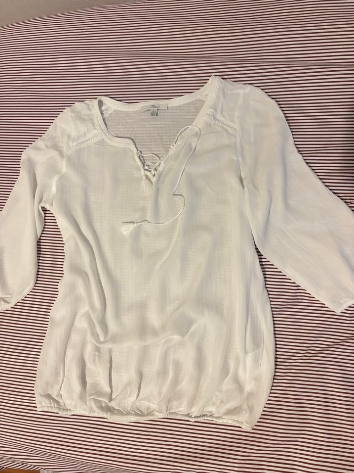 Beyaz V Yakalı Uzun Kollu Bohem Bluz - Görsel 2