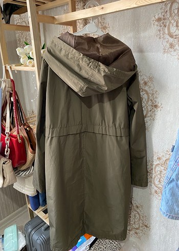 Kadın Haki Düğmeli Kapüşonlu Midi Ceket / Yağmurluk / Trenç - Görsel 3