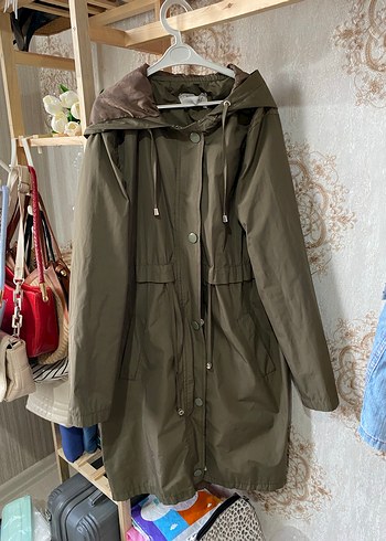 Kadın Haki Düğmeli Kapüşonlu Midi Ceket / Yağmurluk / Trenç - Görsel 2