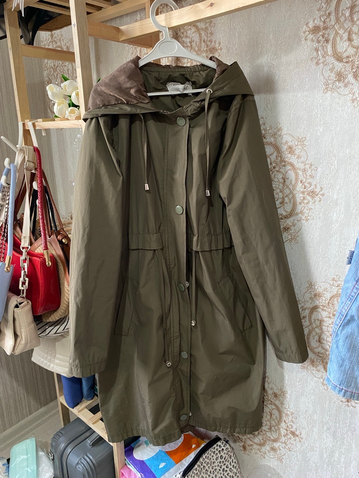 Kadın Haki Düğmeli Kapüşonlu Midi Ceket / Yağmurluk / Trenç - Görsel 2