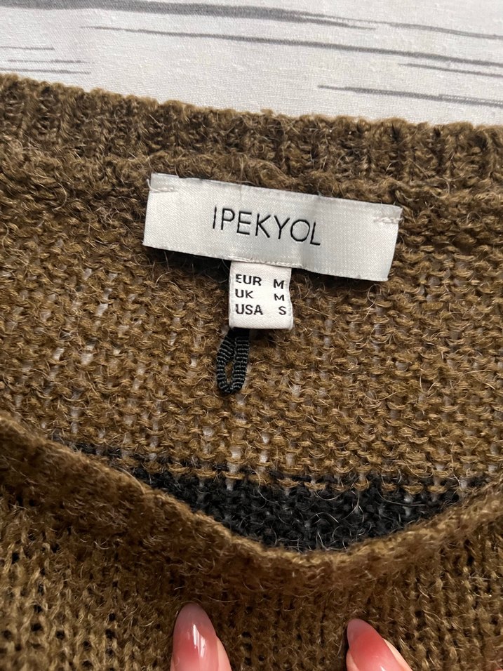 Kadın Kahverengi Çizgili Örgü Kazak - Görsel 3