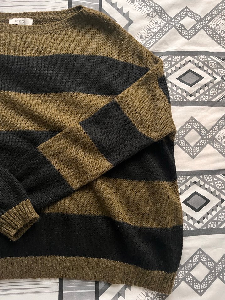 Kadın Kahverengi Çizgili Örgü Kazak - Görsel 2