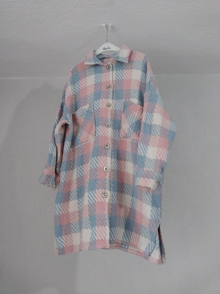 Pembe Mavi Oversize Gömlek Ceket - Görsel 3