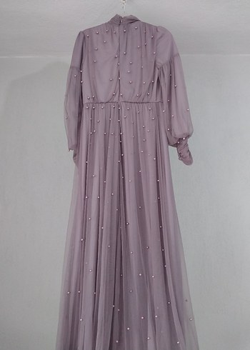 Mor İnci ve Tül Detaylı Uzun Abiye Elbise - Görsel 3