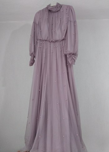 Mor İnci ve Tül Detaylı Uzun Abiye Elbise - Görsel 2