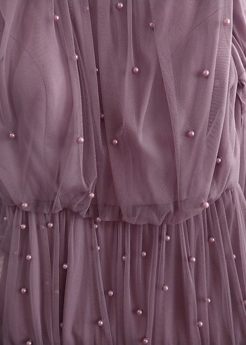 Mor İnci ve Tül Detaylı Uzun Abiye Elbise - Görsel 4