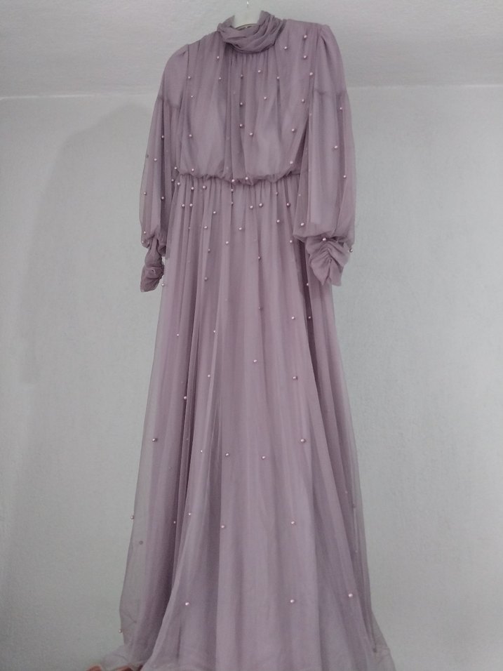 Mor İnci ve Tül Detaylı Uzun Abiye Elbise - Görsel 2