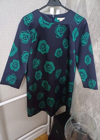 Lacivert Çiçek Desenli Rahat Kesim Elbise