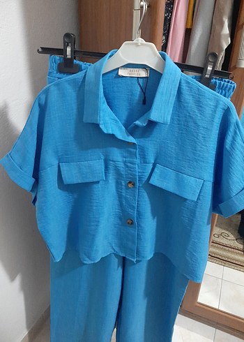 Mavi Kısa Kol Keten Mini Gömlek ve alt