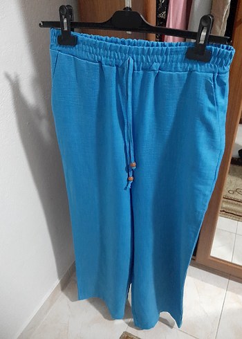 s Beden Mavi Kısa Kol Keten Mini Gömlek ve alt