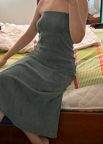 Bohem Gri Straplez Midi Denim Elbise - Görsel 2