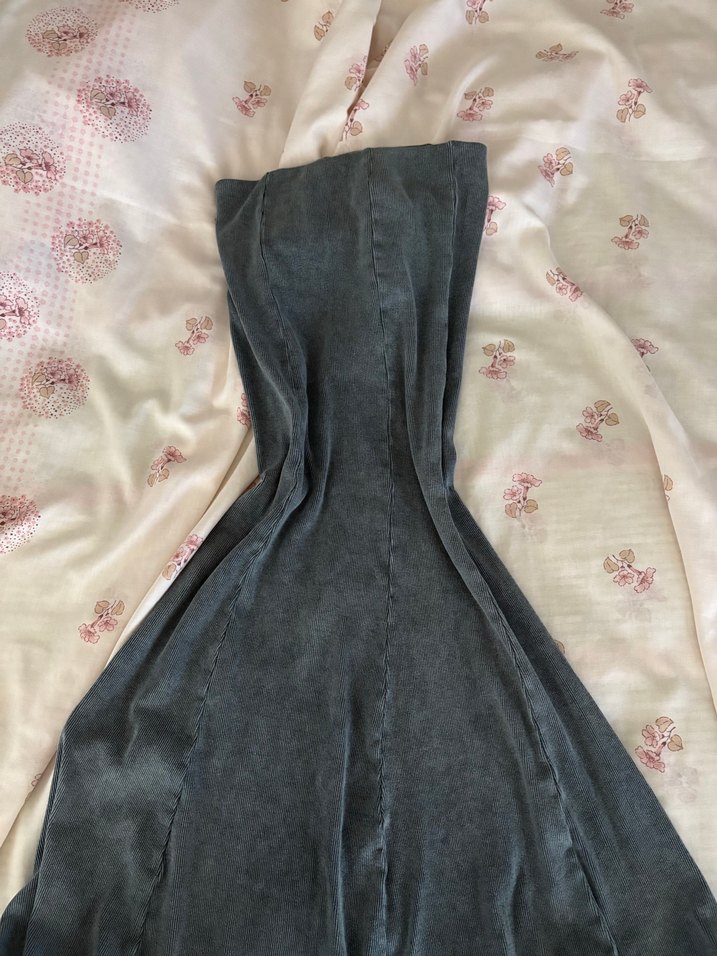 Bohem Gri Straplez Midi Denim Elbise - Görsel 3