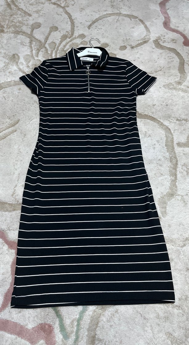 Çizgili Siyah Mini Kadın Elbise - Görsel 2