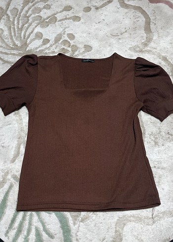 Kahverengi kare Yaka Kısa Kollu Kadın Bluz - Görsel 2