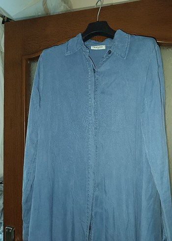 Uzun Kesim Mavi Denim Gömlek