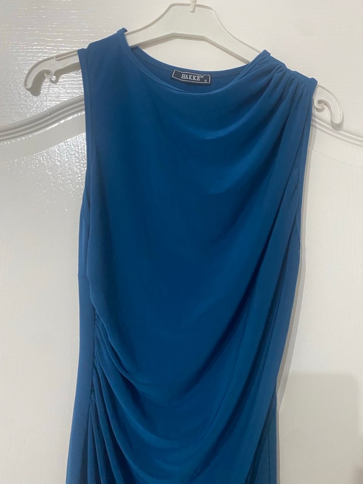 Klasik Şıklık Mavi Uzun Saten Elbise - Görsel 4