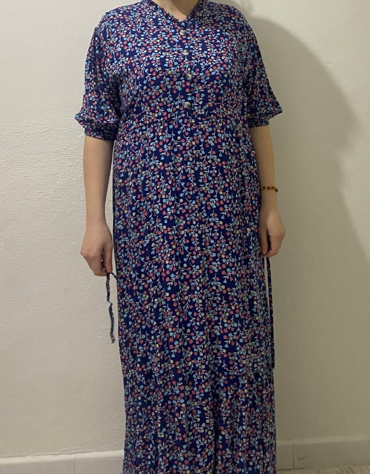 Düğmeli mavi Çok Renkli Uzun Elbise - Görsel 3