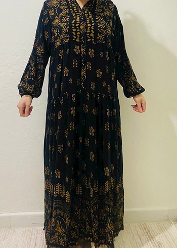 Uzun Siyah Bohem Desenli Elbise - Görsel 2