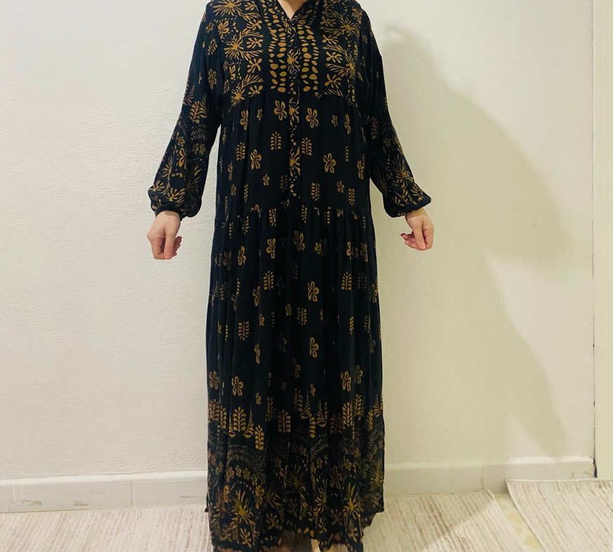 Uzun Siyah Bohem Desenli Elbise - Görsel 2