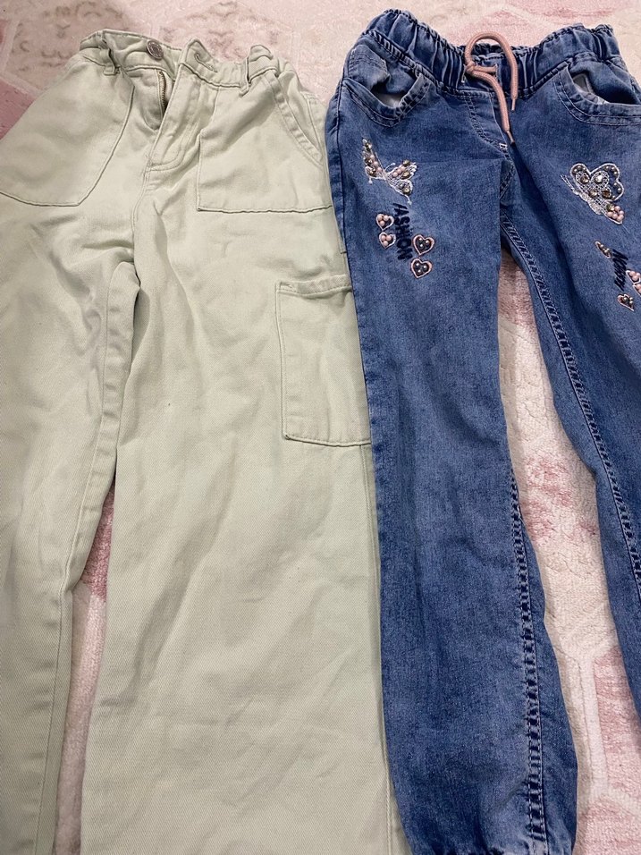 2 tane Nakışlı, bol kesim, düğmeli kız  çocuk pantolonu - Görsel 2