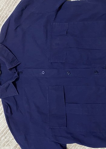 Lacivert Düğmeli Kadın mini  Keten Gömlek - Görsel 3