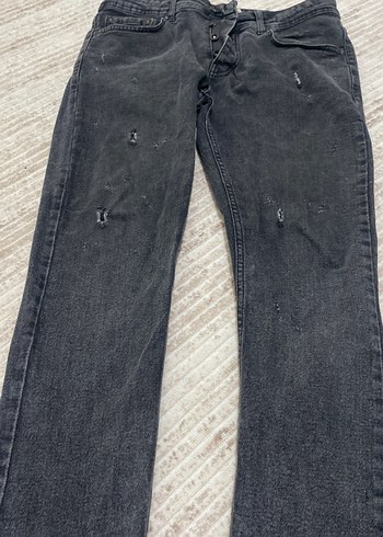 Gri Düğmeli  yırtık kot erkek Pantolon - Görsel 2