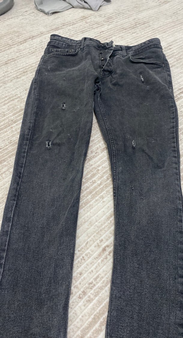 Gri Düğmeli  yırtık kot erkek Pantolon - Görsel 2