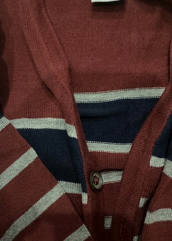 Bordo Gri Çizgili Erkek Pamuklu Hırka - Görsel 4