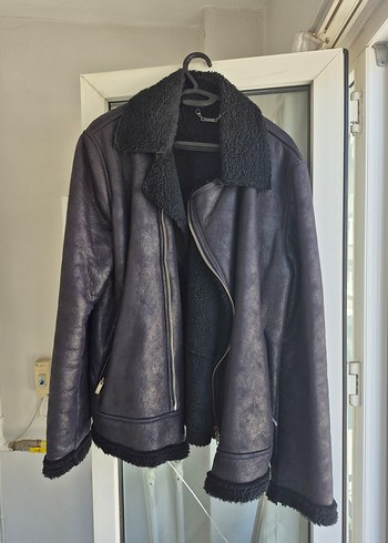 Siyah Erkek Kadife Deri Biker Ceket, Kürklü, Midi Boy