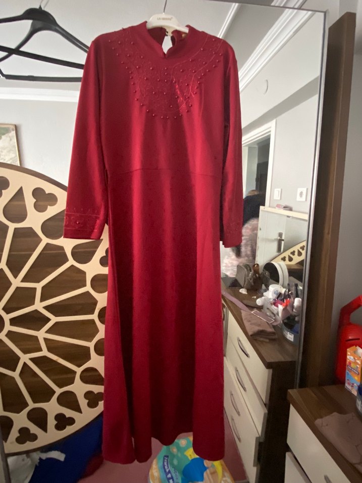 Bordo Nakışlı Uzun Kollu Salaş Elbise - Görsel 2