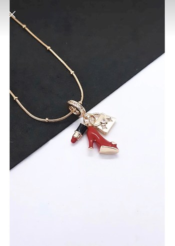 Kırmızı Mini Zincir Detaylı Bohem Kolye gold çelik - Görsel 2