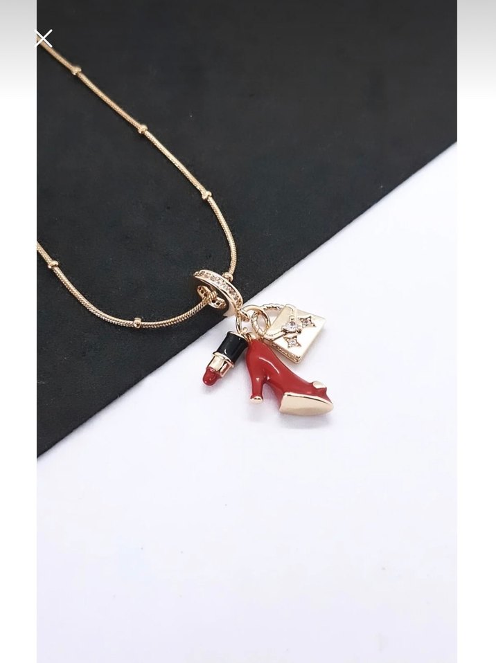 Kırmızı Mini Zincir Detaylı Bohem Kolye gold çelik - Görsel 2