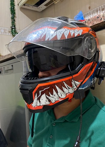 Turuncu Baskılı Biker Motosiklet Kaskı - Görsel 4